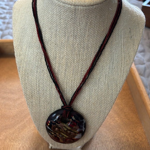 Artisan Jewelry - Black and red beaded necklace with large hand made glass pendant 16”